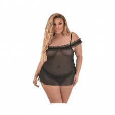 Magic Silk Ruffled Flyaway Babydoll & Split-crotch Thong Black Queen