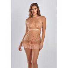 Amber Halter Lace Babydoll W/tiered Pleated Mesh Skirt Hem & G-string Brown Lg