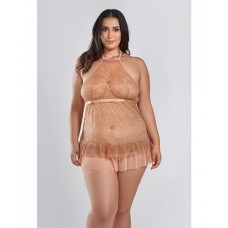 Amber Halter Lace Babydoll W/tiered Pleated Mesh Skirt Hem & G-string Brown 2x