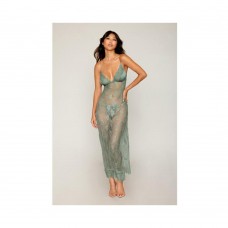 Eyelash Lace & Satin Long Chemise W/g-string - Sage Green Sm