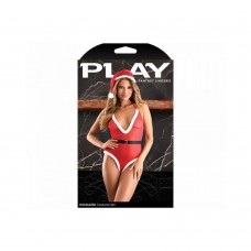 Fantasy Lingerie Play Holidazed Sheer Sparkle Mesh Teddy With Faux Fur Trim, Belt & Santa Hat Red M/