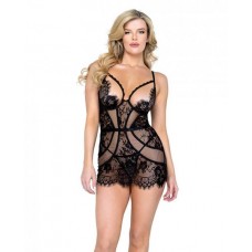 Femme Fatale Scalloped Eyelash Lace & Mesh  Chemise & Thong Black Md